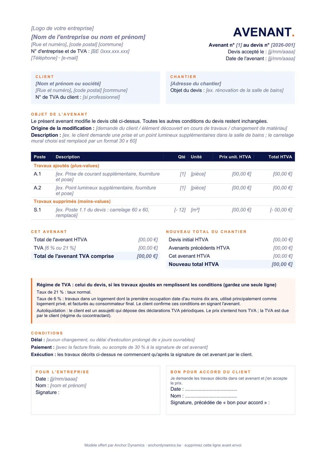 Aperçu du modèle d'avenant au devis : référence au devis accepté, travaux ajoutés et supprimés, nouveau total du chantier, régime de TVA et bon pour accord du client