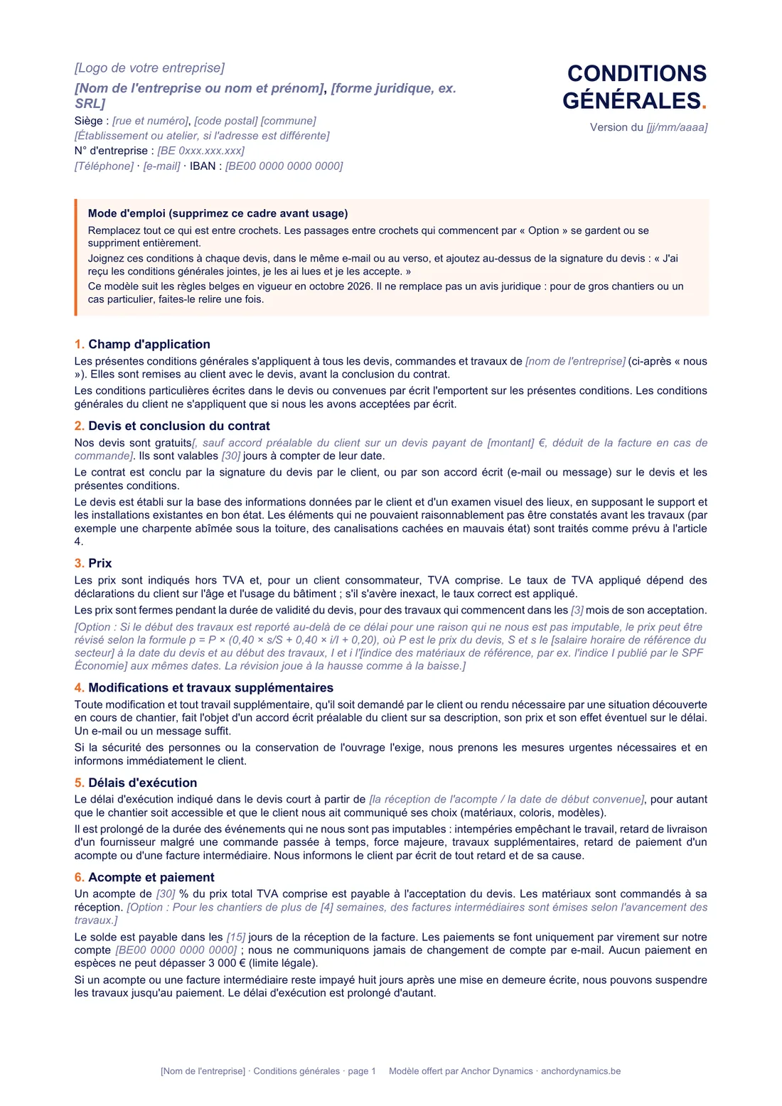 Aperçu de la première page du modèle de conditions générales : en-tête de l'entreprise, mode d'emploi, articles sur le devis, le prix, les travaux supplémentaires, les délais et l'acompte