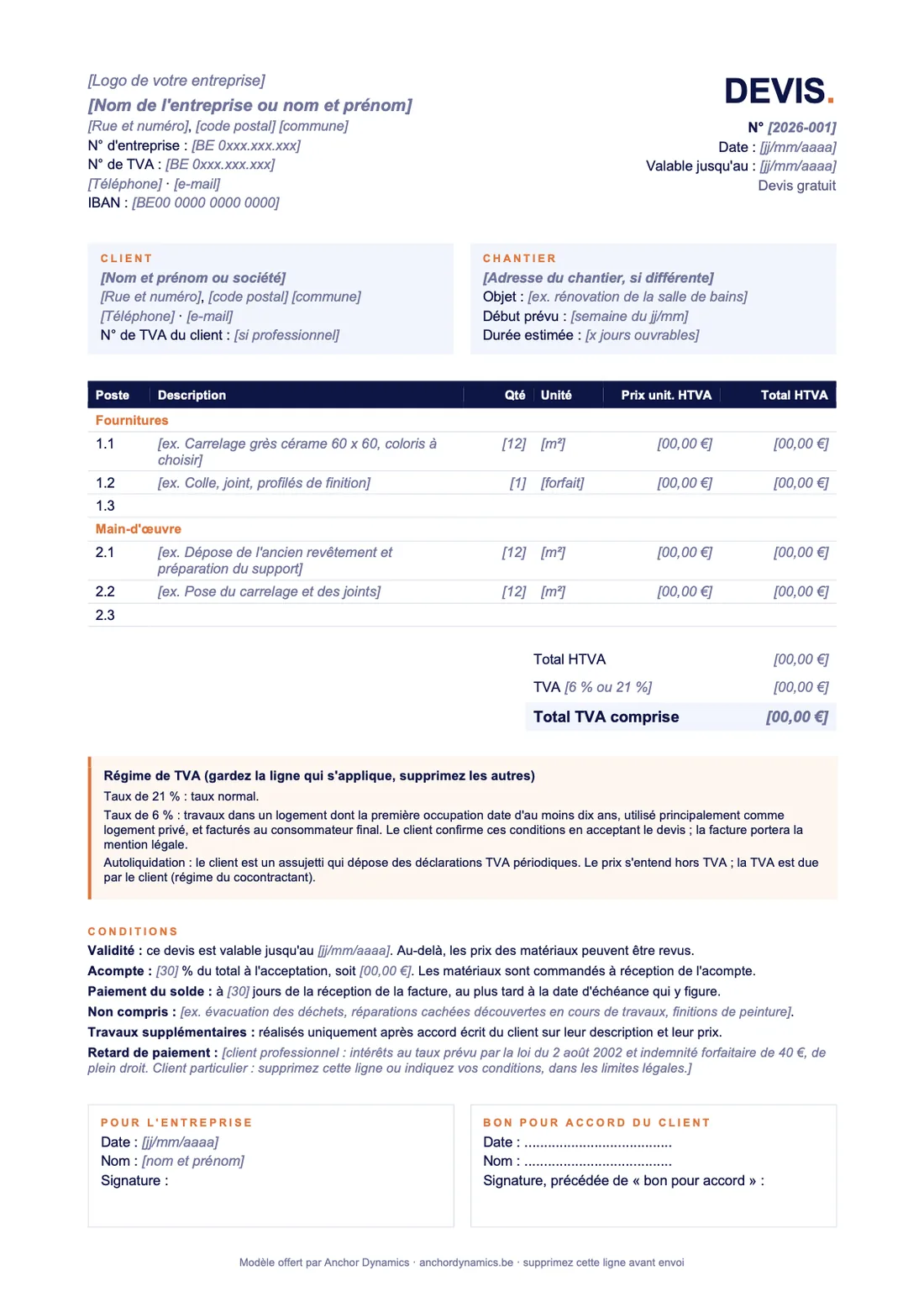 Aperçu du modèle de devis : en-tête, client et chantier, lignes de fournitures et de main-d'œuvre, totaux, TVA, conditions et signatures