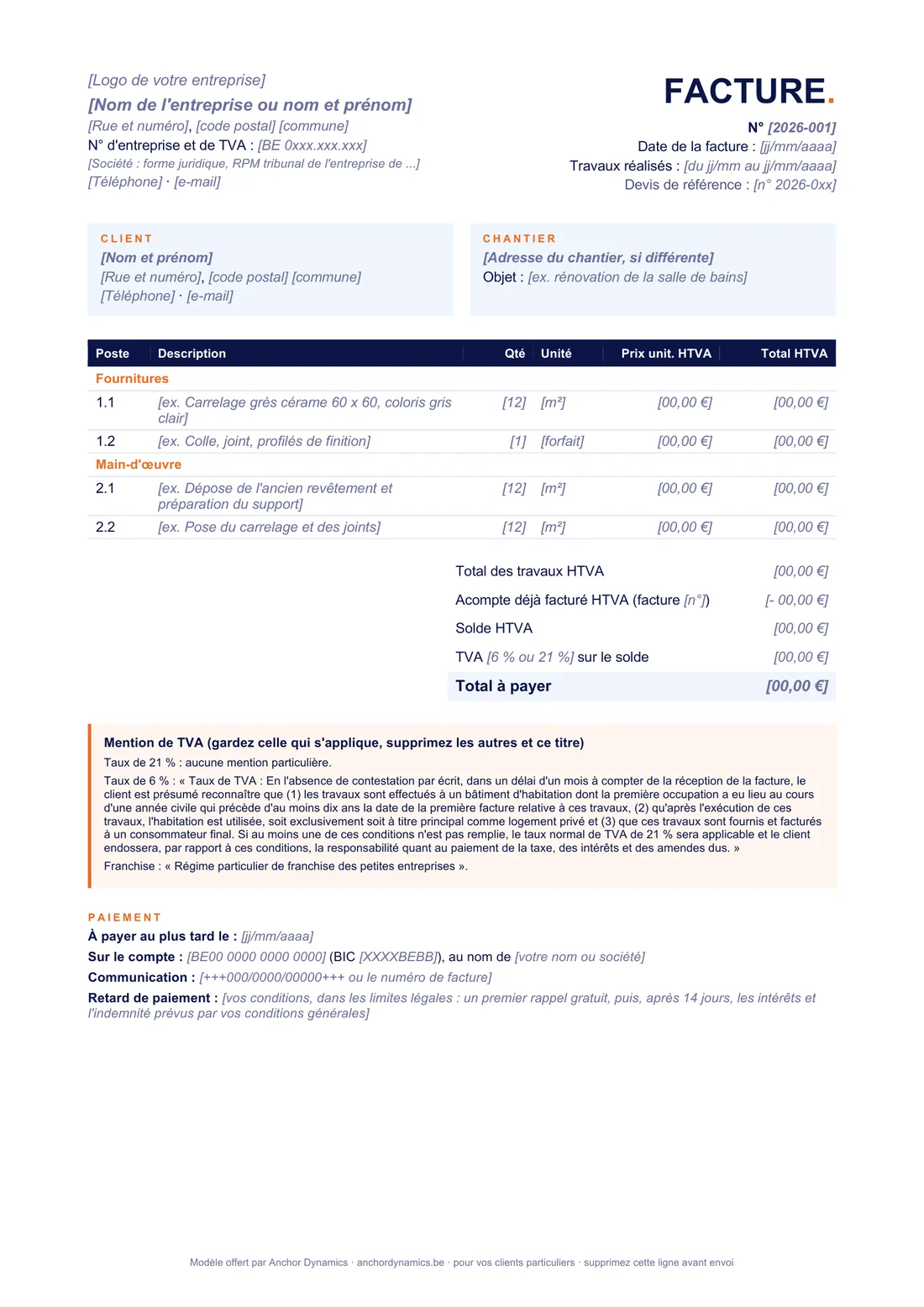 Aperçu du modèle de facture : en-tête avec numéro et dates, client et chantier, lignes de fournitures et de main-d'œuvre, totaux avec déduction de l'acompte, mention de TVA et conditions de paiement