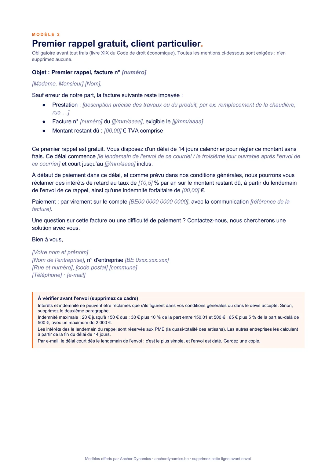 Aperçu du modèle de premier rappel gratuit pour un client particulier : prestation, numéro de facture, montant dû, délai de 14 jours et montants réclamés ensuite